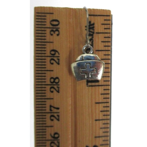 New Nurse Cap Dangle Pierced Earrings With Cross Design on Stainless Hooks - Picture 3 of 5
